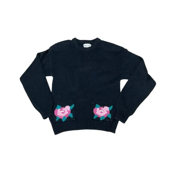 VTG Roses Cotton Knit Pullover Sweater Front Pockets Size Large Shoulder Pads - Picture 2 of 5